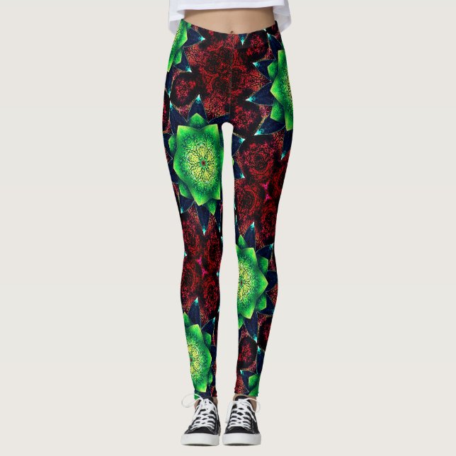 Leggings Flor virtual verde oscuro y rústica, en coral (Anverso)
