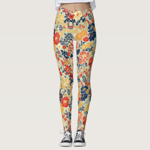 Leggings Flora vibrante roja, amarilla y azul sobre blanco