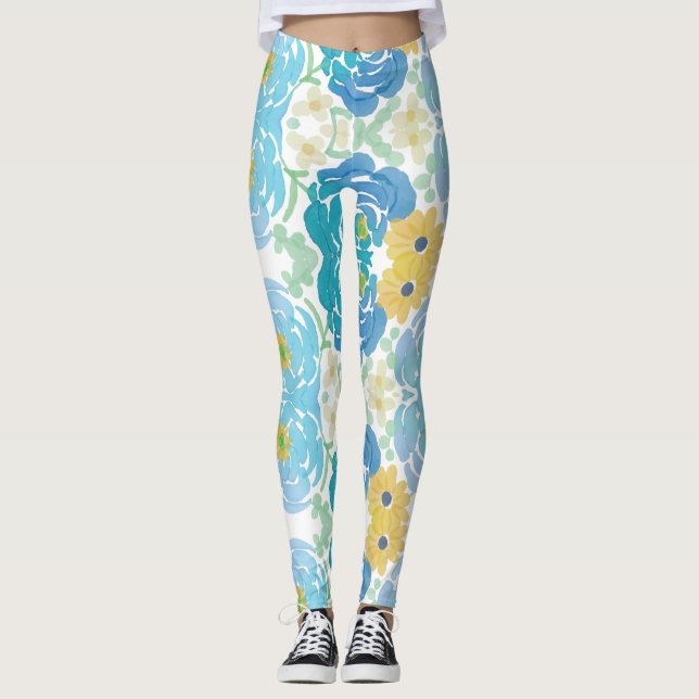 Leggings Floral Acuarela Azul y Amarillo (Anverso)