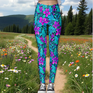 Leggings Floral azul morado y Verde azulado de bonito