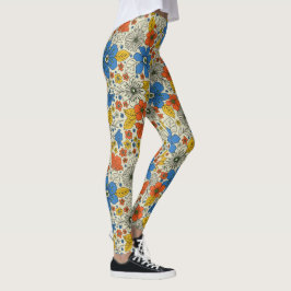 Leggings Floral azul retro, amarillo y Naranja