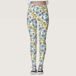 Leggings Floral azul y amarilla con abejas blancas