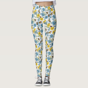 Leggings Floral azul y amarilla con abejas blancas