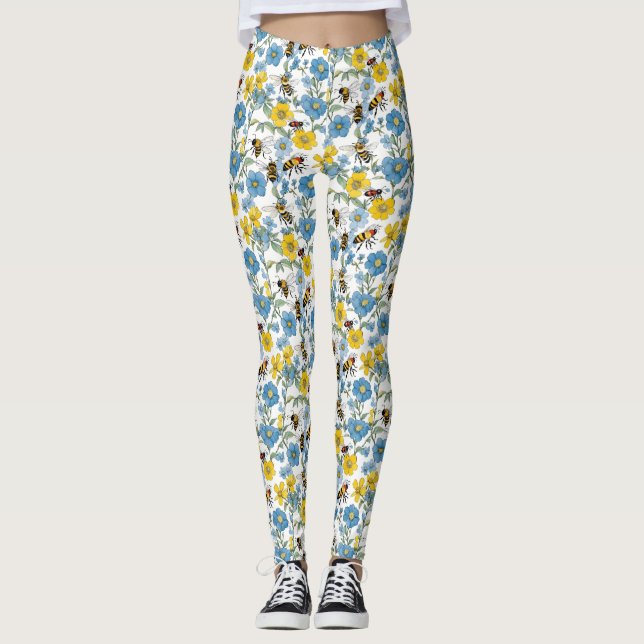 Leggings Floral azul y amarilla con abejas blancas (Anverso)