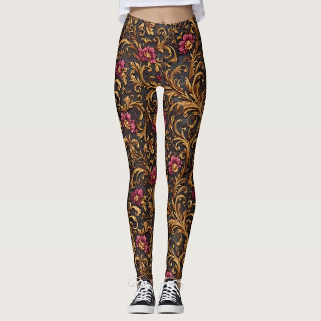 Leggings Floral Barroco Oscuro con Roleos de Oro (Anverso)
