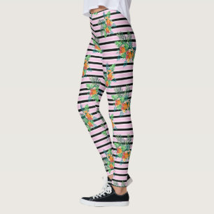 Leggings Floral Black and Pink Stripes