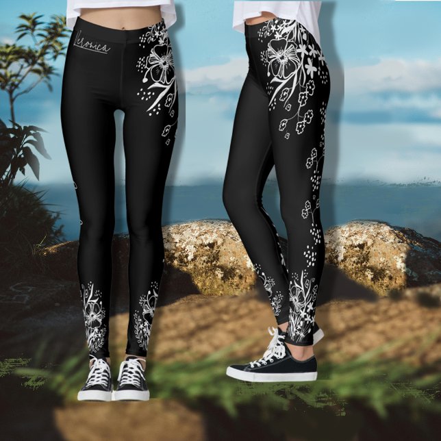 Leggings Floral blanca y negra dibujada a mano (Black and White Floral Pattern Leggings)