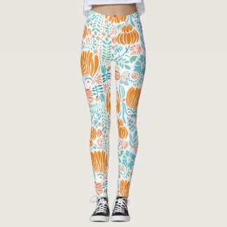 Leggings Floral Coral Mint Green Blue Art Deco Pattern