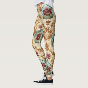 Leggings Floral Damask Antiguo en Turquesa y Burdeos
