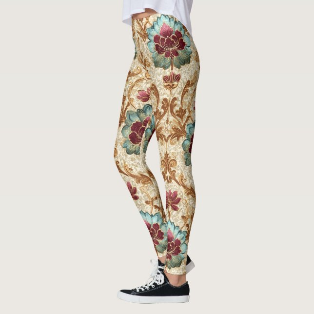 Leggings Floral Damask Antiguo en Turquesa y Burdeos (Izquierda)