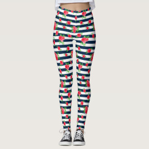 Leggings Floral de color de coral blanco a rayas azules de 