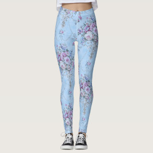 Leggings Floral de estilo victoriano azul blanco francés