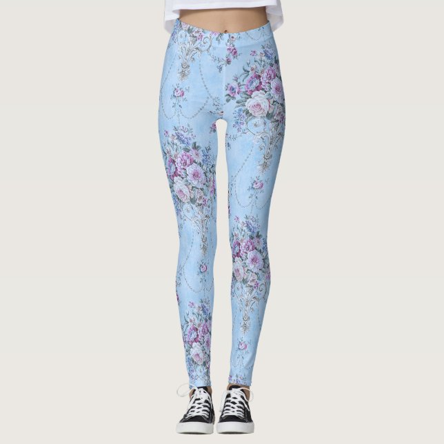 Leggings Floral de estilo victoriano azul blanco francés (Anverso)