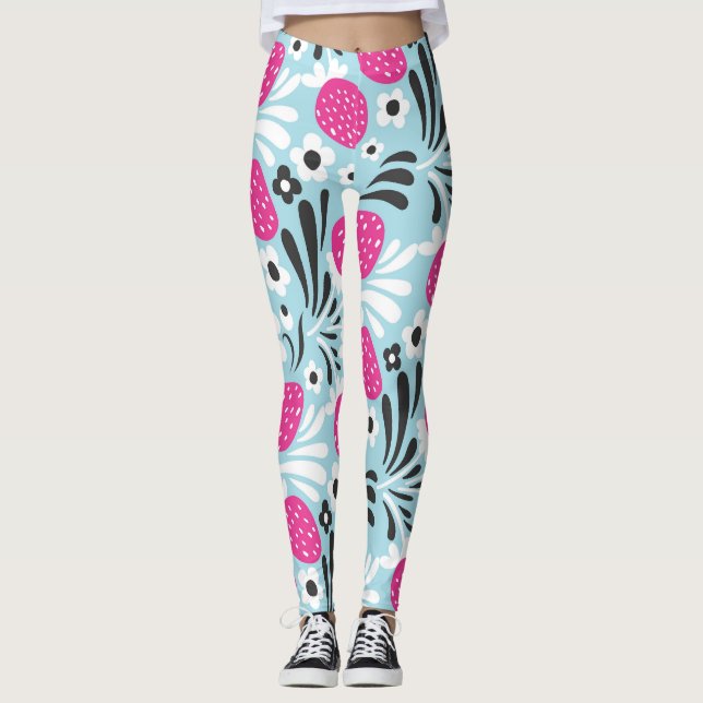 Leggings Floral de fresa: Berry rosa sin foco. (Anverso)