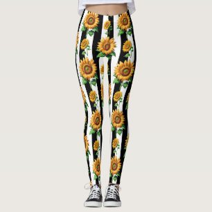 Leggings Floral de girasol franjas blancas negras