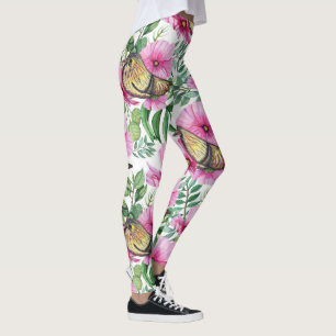 Leggings Floral de la naturaleza del rojo, púrpura y pájaro