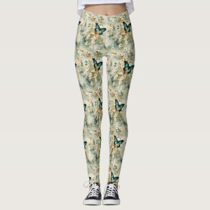 Leggings Floral de mariposa teal de pintor salvia terracota