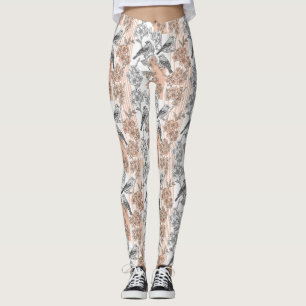 Leggings Floral de Pájaro Elegante con Raya de Melocotón (1