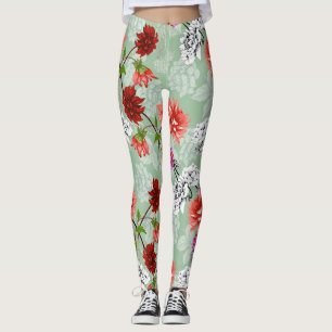 Leggings Floral de primavera verde: mano dibujada