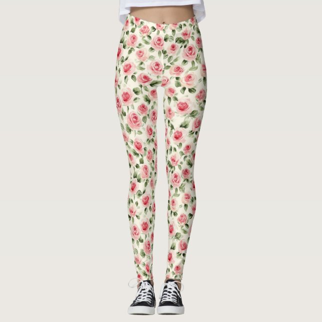 Leggings Floral de rosas rosadas bonitos (Anverso)