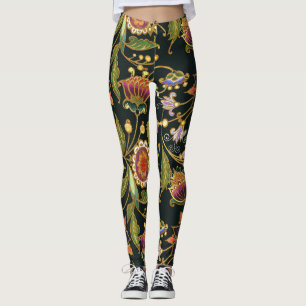 Leggings Floral decorativa: Púrpura dorado acrílico.