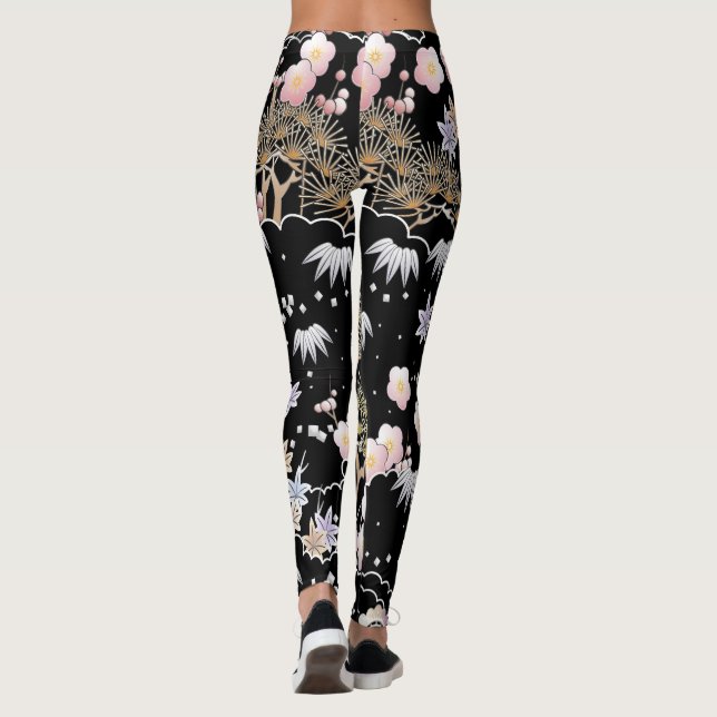 Leggings Floral elegante de cerezo rosa negro (Reverso)