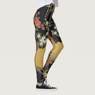 Leggings Floral japonesa de kimono de oro y negro oriental