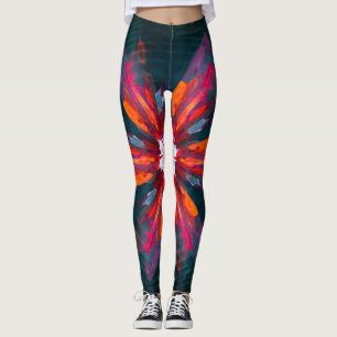 Leggings Floral Mandala Flores Naranja Azul Rojo Resumen