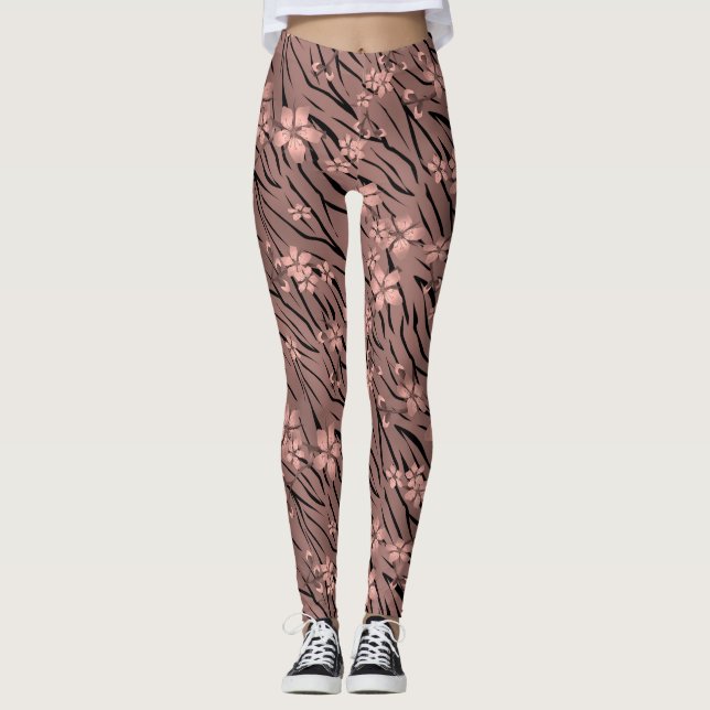 Leggings Floral, marrón, tigre patrón (Anverso)