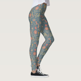 Leggings Floral moderna de denim azul y coral