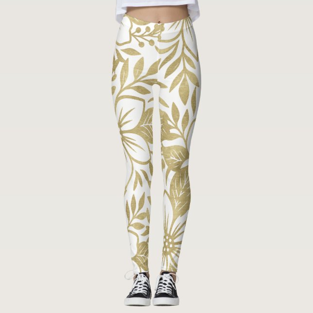 Leggings Floral Moderno Dorado Elegante Flor Tropical (Anverso)