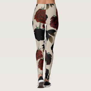 Leggings Floral Oscuro Audaz Rojo y Beige Botánico Negro
