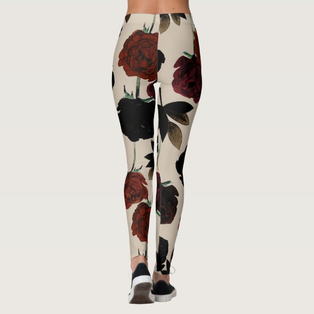 Leggings Floral Oscuro Audaz Rojo y Beige Botánico Negro (Reverso)