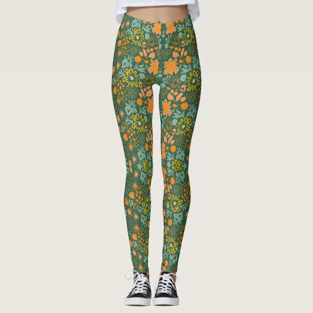 Leggings Floral pattern on a dark green background  (Anverso)