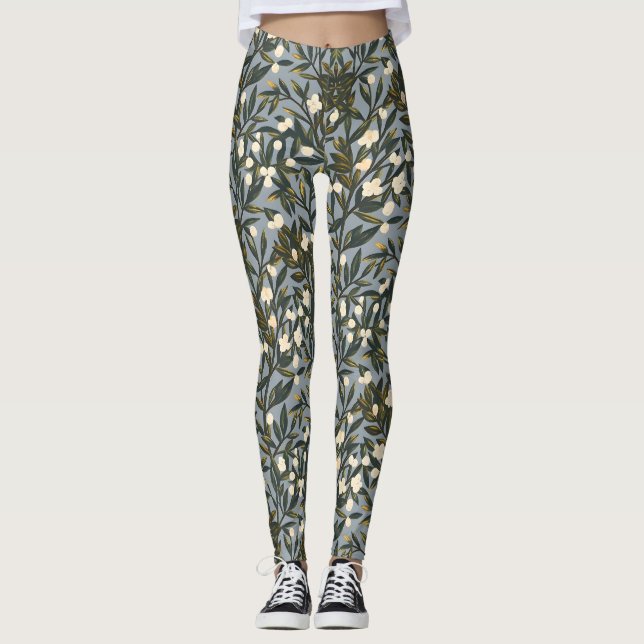 Leggings Floral pattern on  dusty blue-gray background (Anverso)