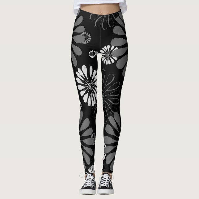 Leggings Floral retro en blanco y negro (Anverso)