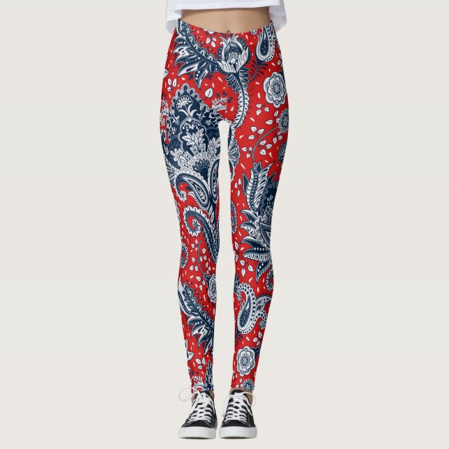 Leggings Floral roja blanca y azul Paisley Bohemio Boho (Anverso)