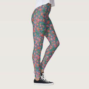 Leggings Floral rosa, roja, Naranja clematis sobre azul pro