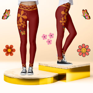 Leggings Floral Rustico Retro Vintage País Rojo Profundo