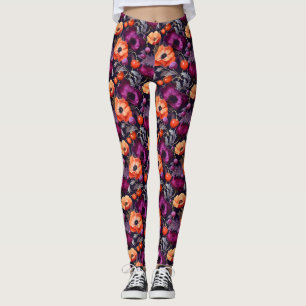 Leggings Floral sin foco con flores rojas, Naranjas y morad