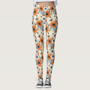 Leggings Floral sin foco con flujo Naranja, blanco y negro
