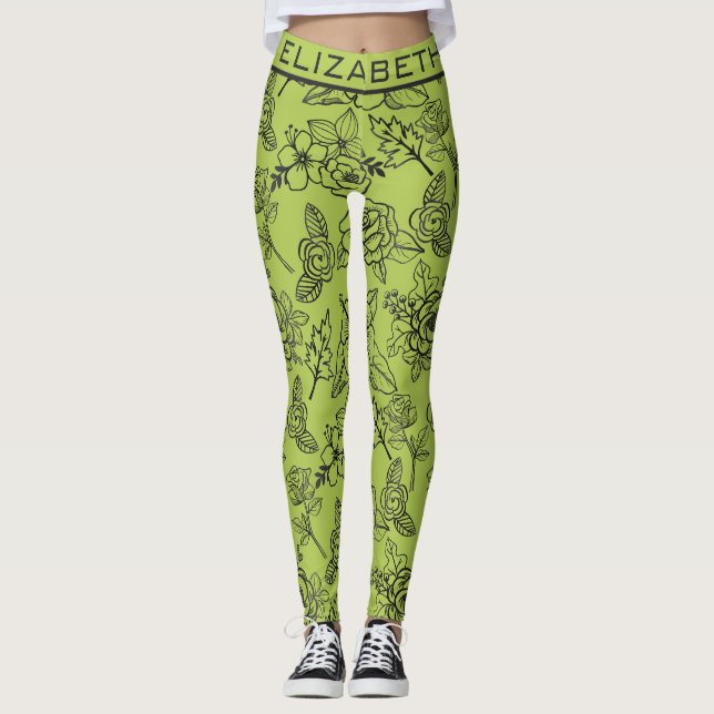 Leggings Floral sin soldadura patrón verde bg nombre person (Anverso)