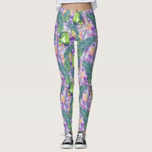 Leggings Floral tropical, botánica, lila, verde, rosa, fl