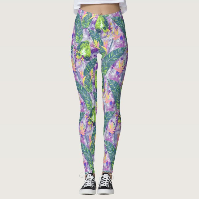 Leggings Floral tropical, botánica, lila, verde, rosa, fl (Anverso)