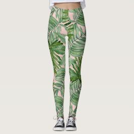 Leggings Floral tropical de hojas de palmera rosadas simple