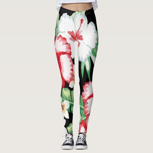 Leggings Floral tropical de verano Hibiscus Plumeria (Anverso)