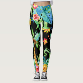 Leggings Floral Tropical Exótica Piernas Negras