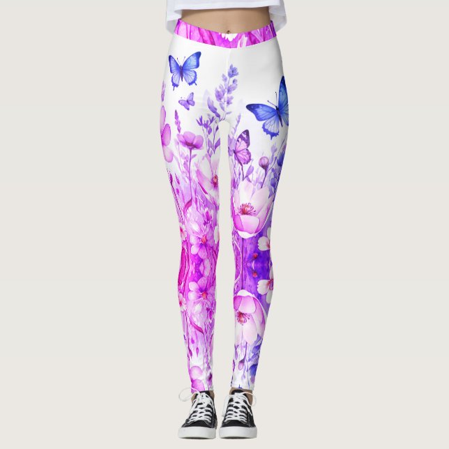Leggings Floral vibrante y mariposa brillante rosa-púrpura (Anverso)