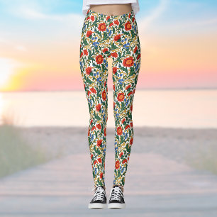 Leggings Floral Willam Morris Style Blue Red Gold Vintage