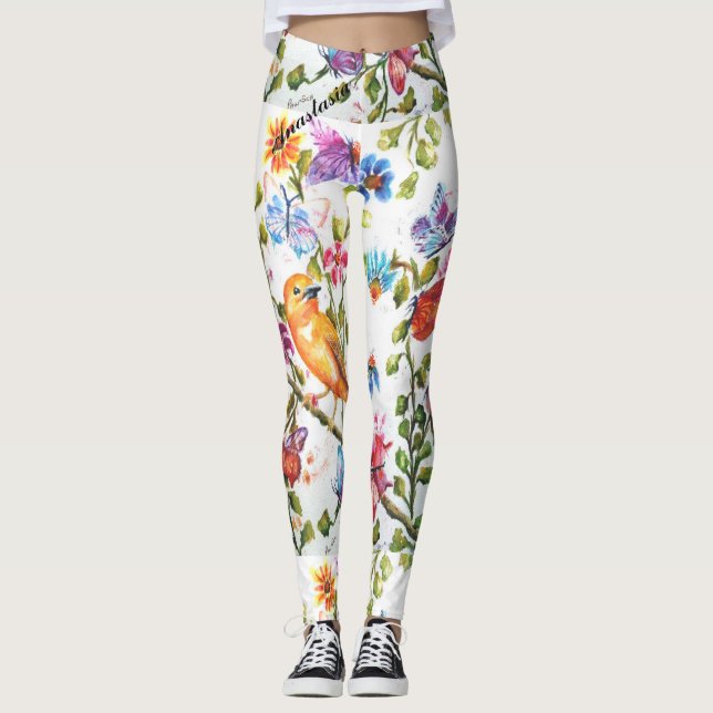 LEGGINGS FLORALES BLANCOS CON UNA AVE AMARILLA (Anverso)